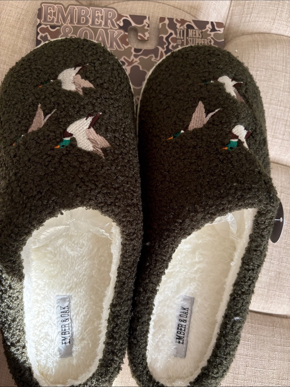 Men's Olive Green Sherpa Slippers with Duck Embroidery